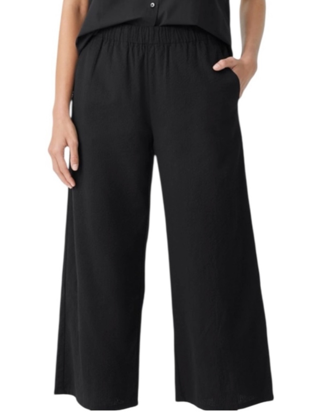 Eileen Fisher Organic Cotton Black High Waist Wide Leg Crop Ankle Pants